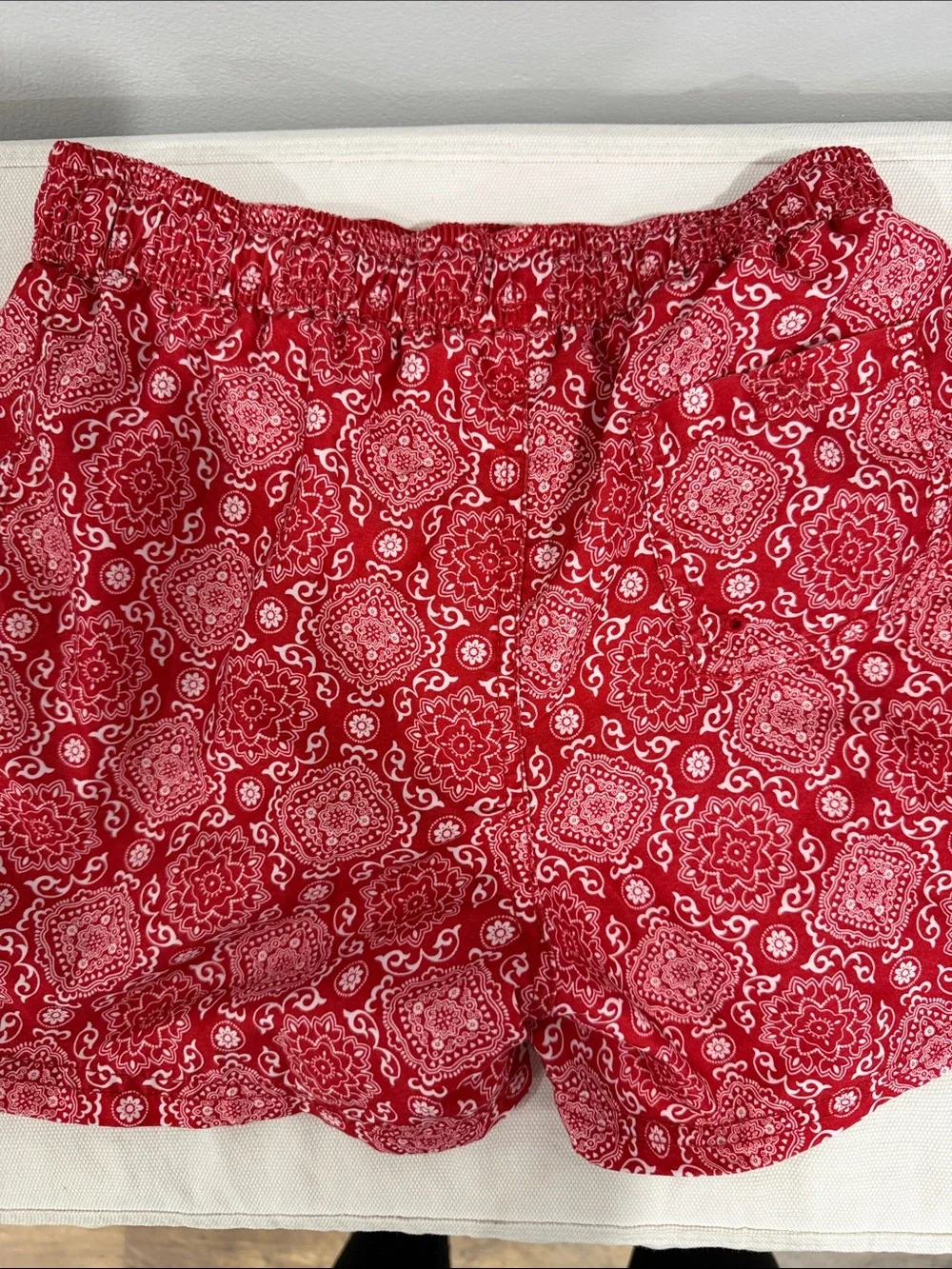 Juno Valentine Red Bandana Print Swim Trunks